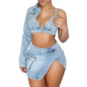 Molilove Women's Denim 2 Piece Outfits One-Shoulder Button Down Crop Top and Split Mini Skirt Set Summer Sexy Tracksuits M