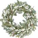 22 Inch Spring Summer Lamb Ears Leaves Wreath with Ivory Forsythia Flower, Year Round Greenery Floral Wreath for Front Door, All Seasons Rustic Farmhouse Everyday Wreath for Indoor Outdoor Decor