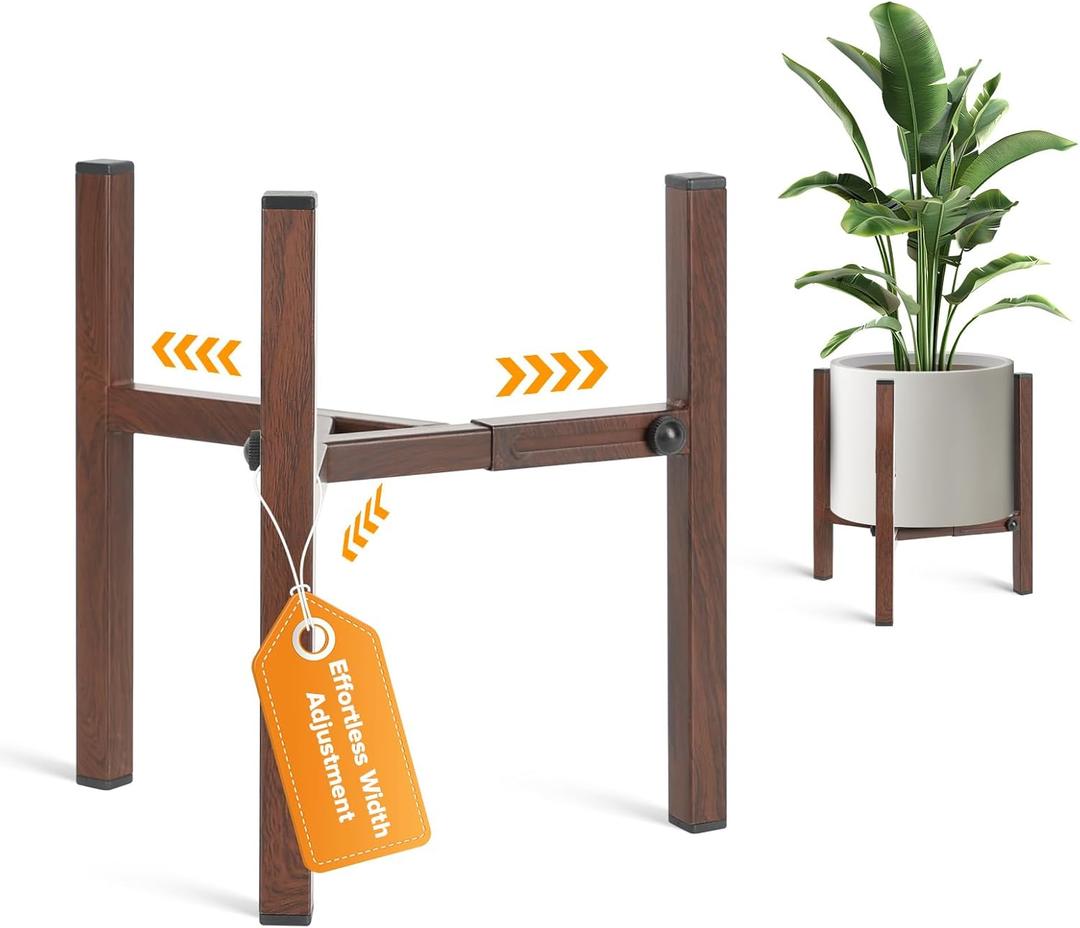 Plant Stand Indoor Adjustable, Metal Modern Indoor Plant Stand, Heavy Duty Plant Stands Outdoor Corner, Stable Plant Holder, Fits 8 to 12 Inches Pots, Black, 1 Pack, Walnut Wood-Grain