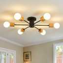 Semi Flush Mount Wood Ceiling Light Fixture 6-Lights Rustic Wooden Sputnik Chandelier Farmhouse Ceiling Lighting Oak and Black with E26 for Dining Room Bedroom Kitchen Lighting Fixture.