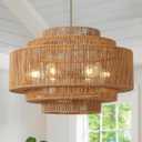 MeiShiDeng 25.6" Boho Rattan Chandelier, 6-Light Large Wicker Light Fixture