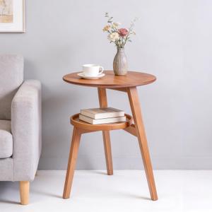 Bamboo Round Side Table, 2-Tier Small Space End Table with Storage Shelf, Mid-Century Modern Rustic Style Narrow Table for Living Room Bedroom Sofa Side
