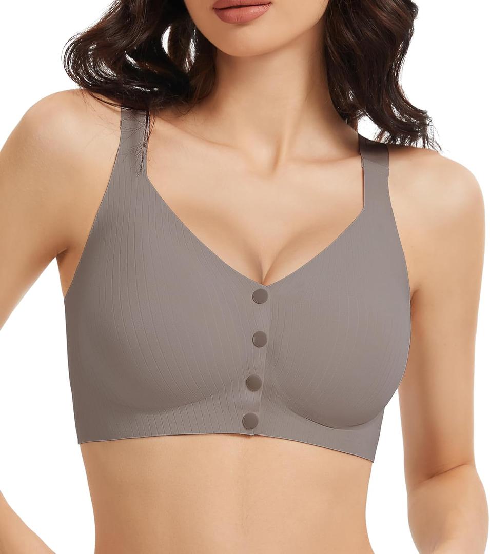 Gailife V Neck Jelly Front Closure Bras for Women Wireless Full Coverage Mastectomy Bralettes Seamless Everyday Bra (XX-Large, Grey)