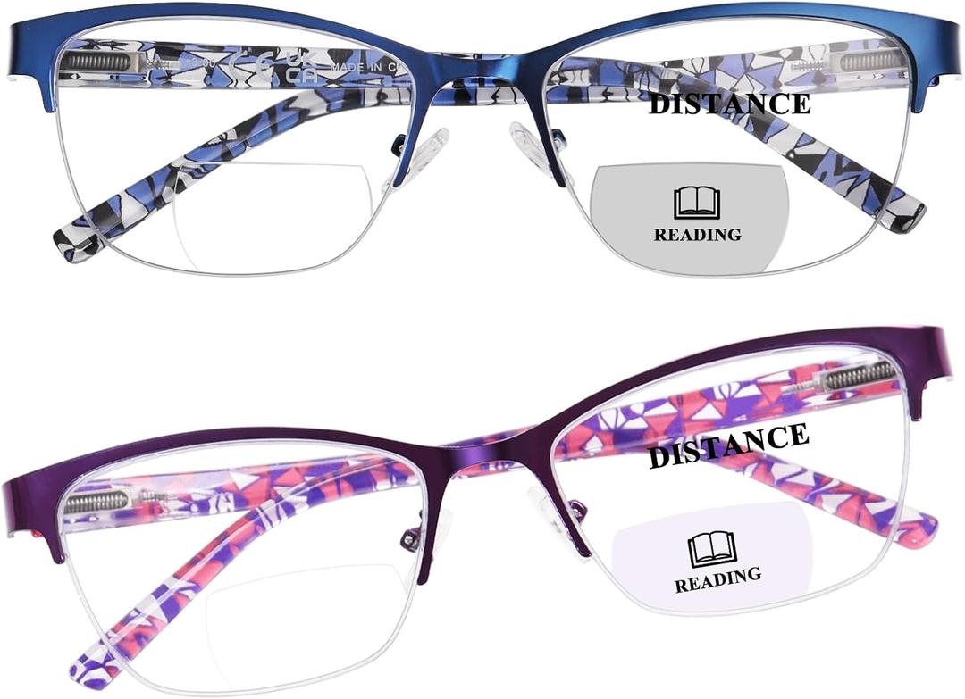 FONHCOO Bifocal Reading Glasses for Women, Metal Spring Hinge Blue Light Blocking Half Frame readers