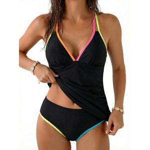 RXRXCOCO Women Tankini Swimsuits Bathing Suits Tummy Control Colorblock V Neck Ruched High Waisted Swimwear (Medium, Black)