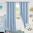 Baby Blue Linen Blackout Curtains for Nursery 90 Inch Length 2 Panels Set, Thermal Insulated Boho Total Black Out Noise Reducing Bonzer Grommets Window Curtains for Kids Bedroom, Each 52 Inch Wide
