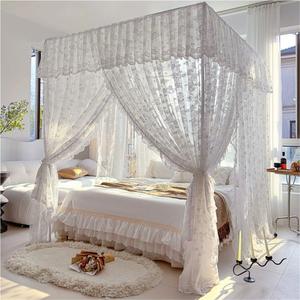 Lace Canopy Bed Curtains, Three-Door Lace Mosquito Net Bed Curtain Canopy, Floor-Length Canopy Bed Drapes, Elegant Privacy Bed Net for Bedroom(White,W70.86 x L78.7in), 70.9"W x 78.7"L