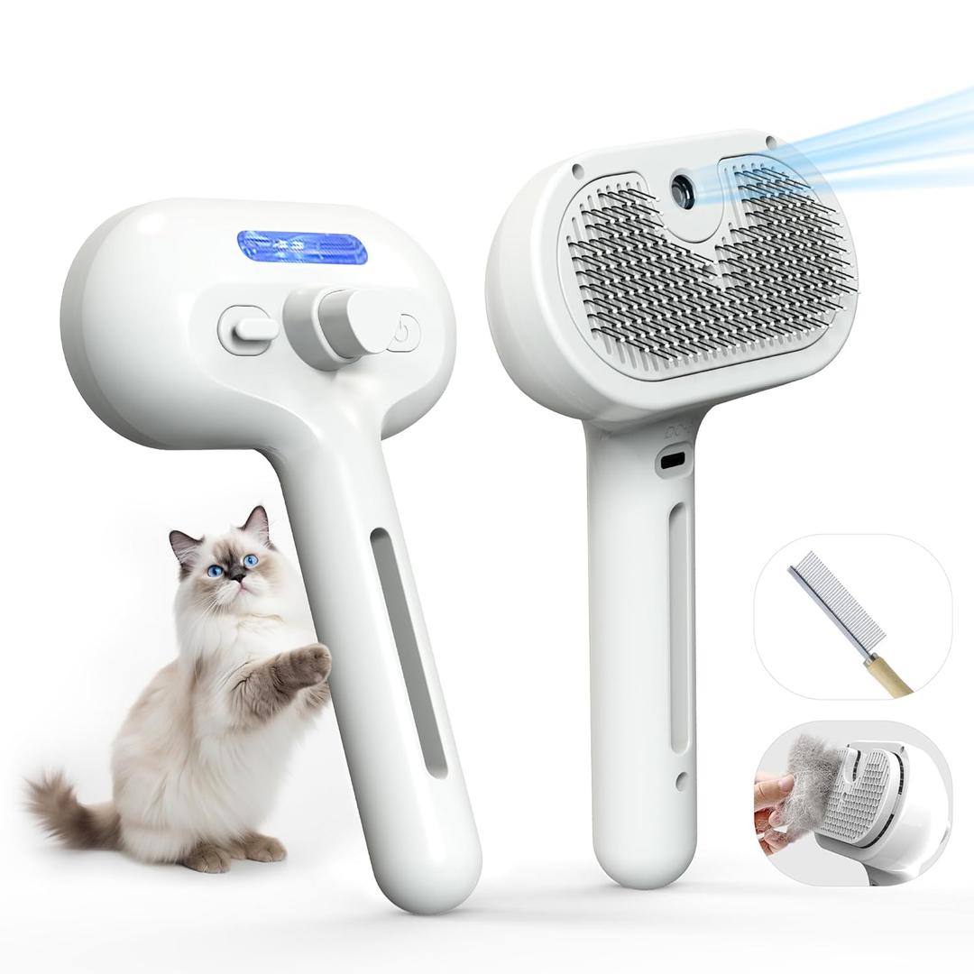 3 x Pet Grooming Brush with Electronic Mist Spray - Gentle Deshedding Tool for Cats & Dogs, Pet Steam Brush，Reduces Shedding, Soft Bristles, Promotes Healthy Coat-Comes with a hair smoothing comb-White