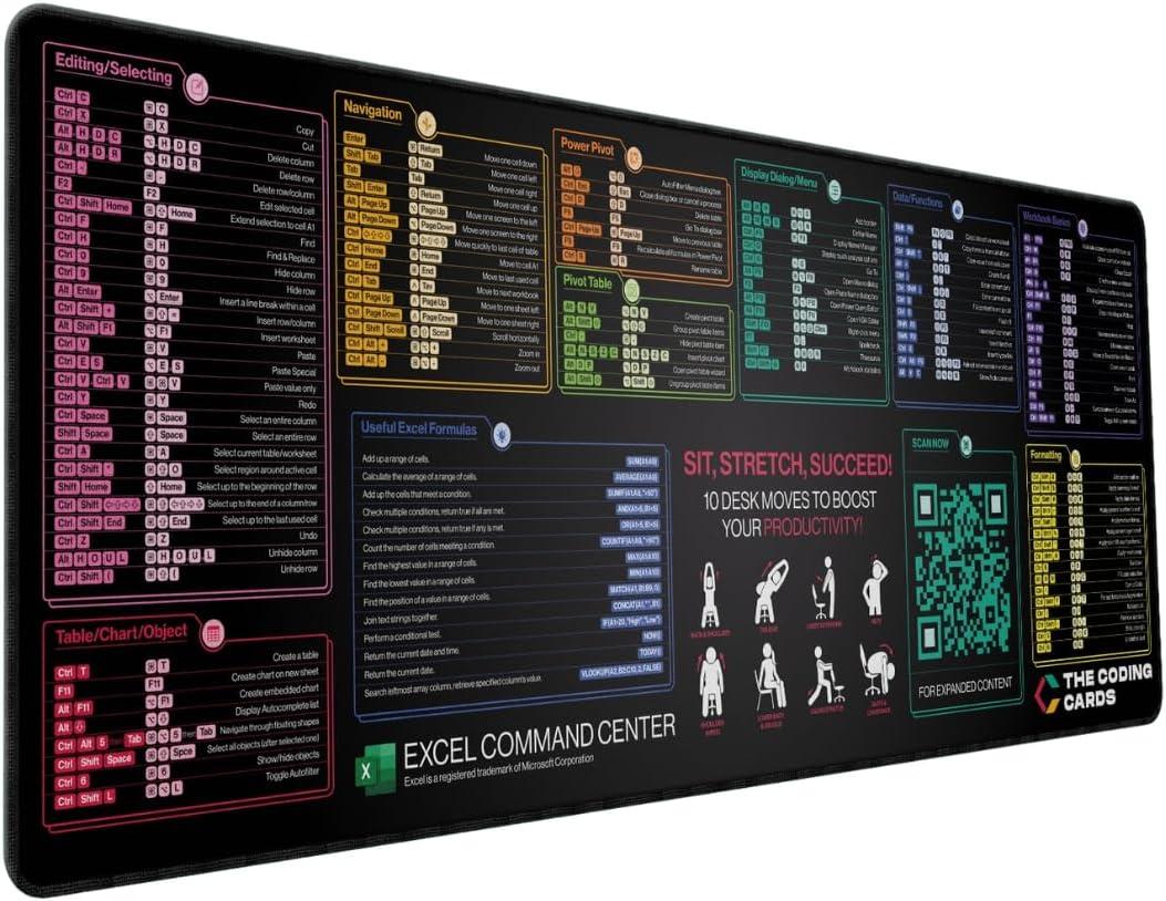 Excel Shortcut Keys Extended Large Mouse Pad  XL Water-Resistant Cheat Sheet Mat for Mac & PC with Quick Spreadsheet Shortcuts & QR Code for More Tips
