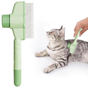 Aerbee Cat Brush with Release Button, Flea Comb for Indoor Cats Shedding, Dog Comb Pet Hair Removal Tool, Self-Cleaning with Long & Short Stainless Steel Metal Teeth for Shedding, Green