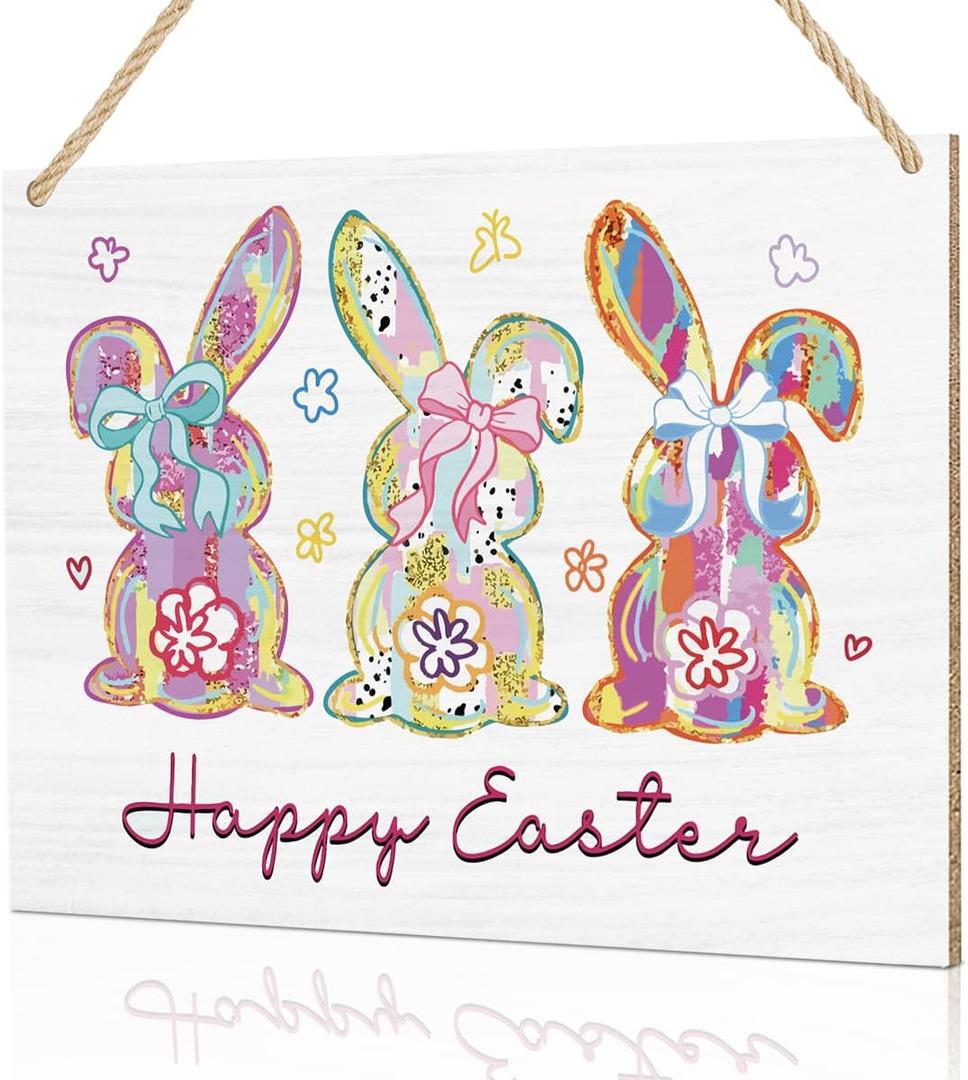 Happy Easter Decorations for Home Wall Easter Bunny Decor for Front Door Porch Cute Easters Bunny Sign for Outside 8 x 10 inches