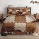 Queen Size Comforter Set with 2 Pillowcases, Retro Vintage Rustic Cow Print Soft 3 Pcs Bedding for Kids and Adults Bedroom Bed Decor (Vintage Cowhide)