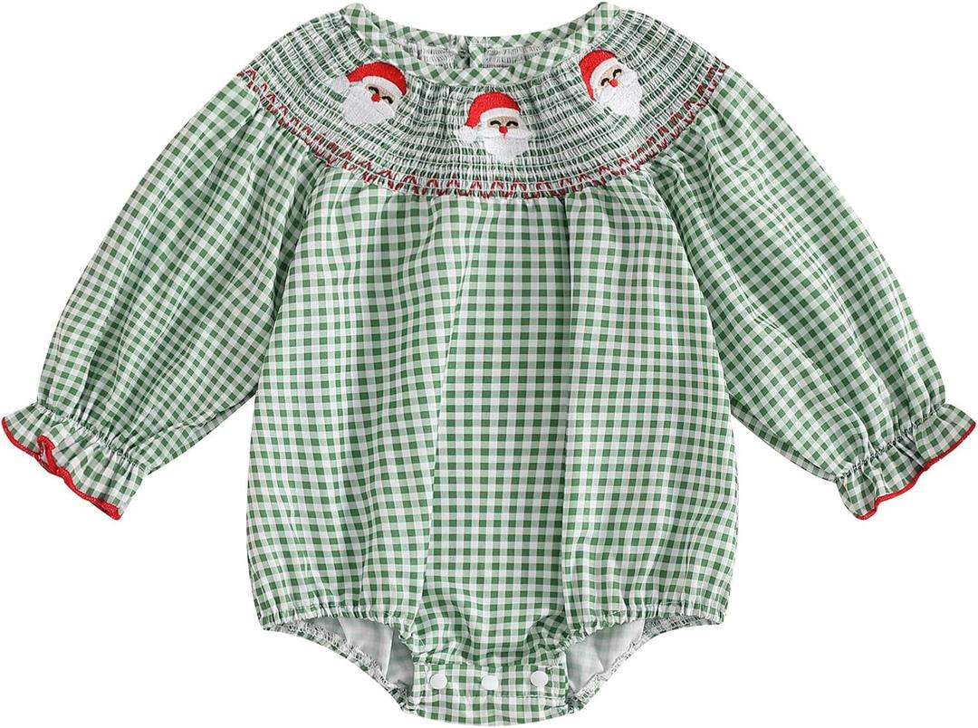 Honganda Newborn Baby Girl Christmas Outfit Plaid Smocked Bubble Romper Santa Claus Gingerbread Man Embroidery Xmas Clothes (6-12 Months)