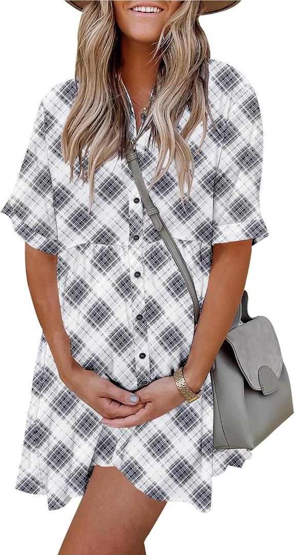 PYGFEMR Women's Short Sleeve Babydoll Dress Button Down Dresses with Pockets (Gray, XL)