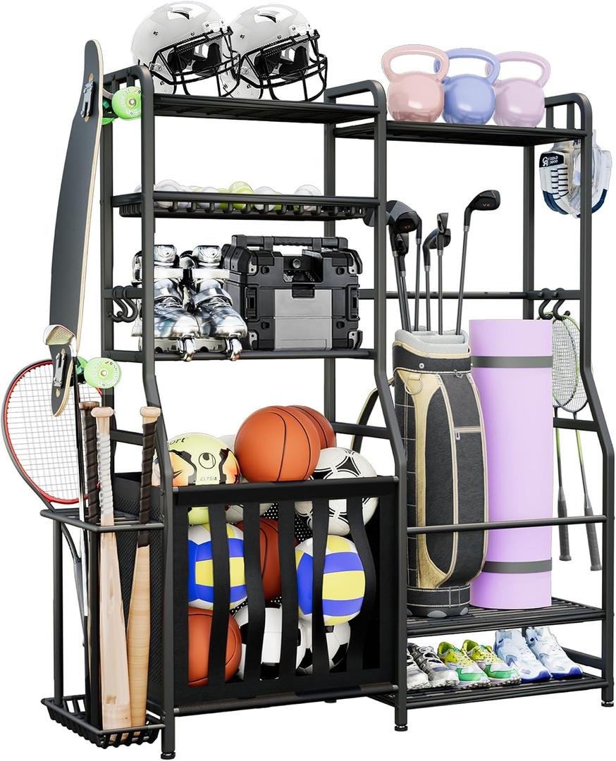 Sports Equipment Organizer, Heavy Duty Ball Storage Rack with Basket & Hooks, Garage Golf Bag Holder, Indoor/Outdoor Ball Storage Bins for Toy Sports Gear Storage