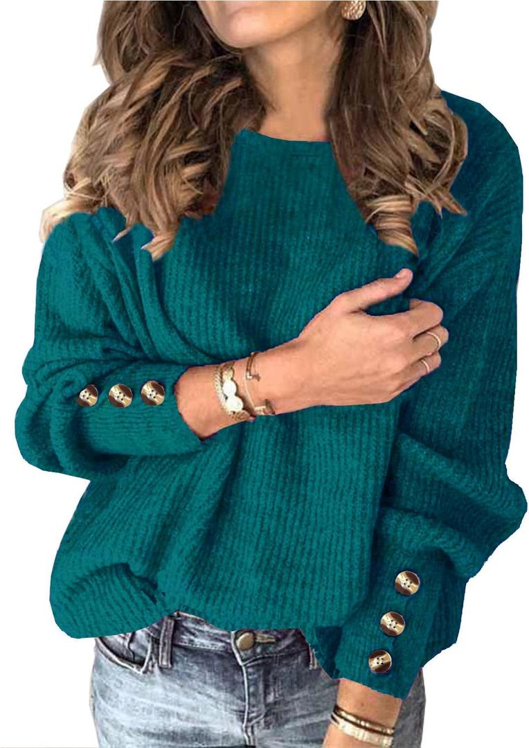 Womens Pullover Sweaters Batwing Long Sleeve Crewneck Casual Loose Knit Jumper Tops with Buttons (Green, L)