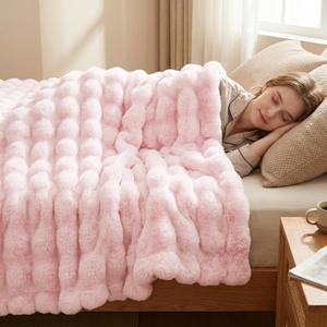 DREAMNINE Soft Faux Bubble Rabbit Fur Throw Blanket for Couch, Thick Cozy Decorative Warm Fuzzy Fur Blanket for Sofa Chair Bedroom Living Room Dorm Women Gift, 50 * 60 Inches, Pink