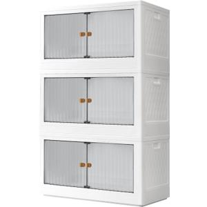 19 Gal Stackable Storage Bins with Lids 3 Pack, Collapsible Storage Bins with Doors Plastic Folding Storage Box with Wheel, Large Foldable Storage Boxes for Dormroom Clothes, Grey