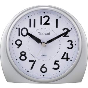 Tinload 5.5" Large Analog Alarm Clock Silent Non Ticking, Gentle Wake, Beep Sounds, Increasing Volume, Battery Operated Snooze and Manual Light, Easy Set,Silver(Best for Elder)