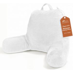 Sasttie Reading Pillow, Velvet Back Pillow for Bed Sitting Up, Adult Back-Rest Support Cushion with Arms for Sit Up on Couch, Sofa, and Floor, Dorm Essentials, Reading Accessories, White (Standard (18-Inch))