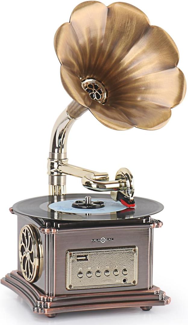 Asommet Gramophone Record Player Retro Turntable All in One Vintage Phonograph Nostalgic for LP with Copper Horn, Built-in Speaker 3.5mm Aux-in/ USB/ FM Radio Size:13.5in