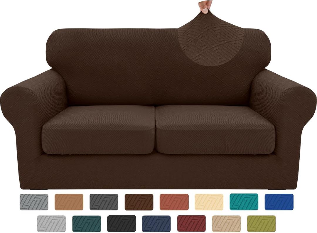 XINEAGE 2025 New 3 Pieces Couch Covers for 2 Cushion Sofa Super Stretch Loveseat Slipcover Pet Dog Universal Slip Cover Anti Slip Love Seat Furniture Protector (Coffee, 55"-69")