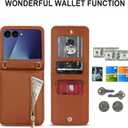for Samsung Galaxy Z Flip 7 Luxury Zipper Wallet Phone Case, Multi-Function Kickstand Card Holder Adjustable Crossbody Strap, Fashion Flip Case.(Brown)
