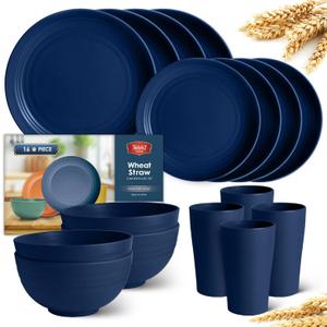 Teivio 16-Piece Kitchen Plastic Wheat Straw Dinnerware Set, Service for 4, Dinner Plates, Dessert Plate, Cereal Bowls, Cups, Unbreakable Plastic Outdoor Camping Dishes, Midnight Blue