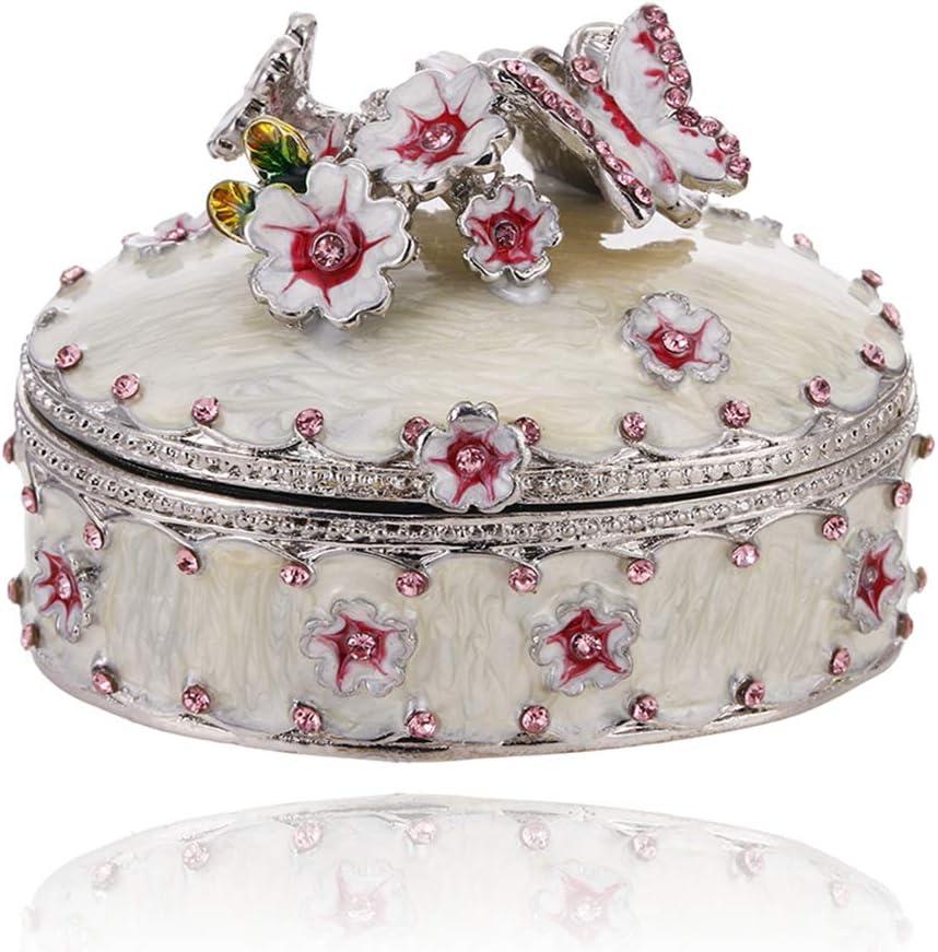 Hand Painted Trinket Box for Home Decor, Hinged Enameled Jewelry Box for Ring Earrings Jewelry Organizer, Unique Vintage Bejeweled Storage Figurine Collectible Keepsake (Flower with Butterfly)