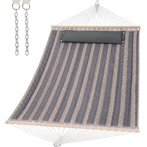 SUNCREAT Double Quilted Hammock with Hardwood Spreader Bar, Extra Large Soft Pillow, Heavy Duty 2 Person Hammock for Indoor, Outdoor, Gray Stripes