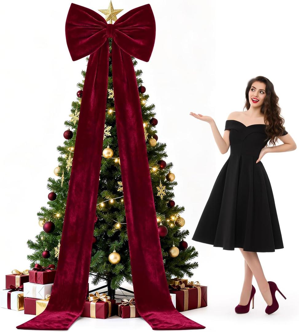 ARQRHTLY Extra Large Christmas Velvet Bow Tree Topper 118 x 28 Inch Giant Burgundy Bow with Long Ribbon Oversized Holiday Decoration for Xmas Tree Wreath Wall Party Wedding Arch Gift Decor