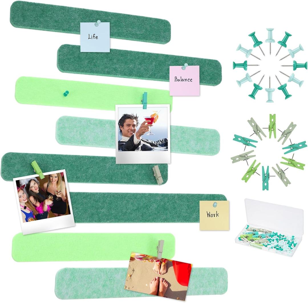 Mooliwe 8 Pcs Felt Pin Board Bar Strips Bulletin Board 50 Pushpins and 10 Wooden Clip Pins Self Adhesive Cork Boards for Offices Home Wall Display Photos, Paste Notes, Schedules(Green)