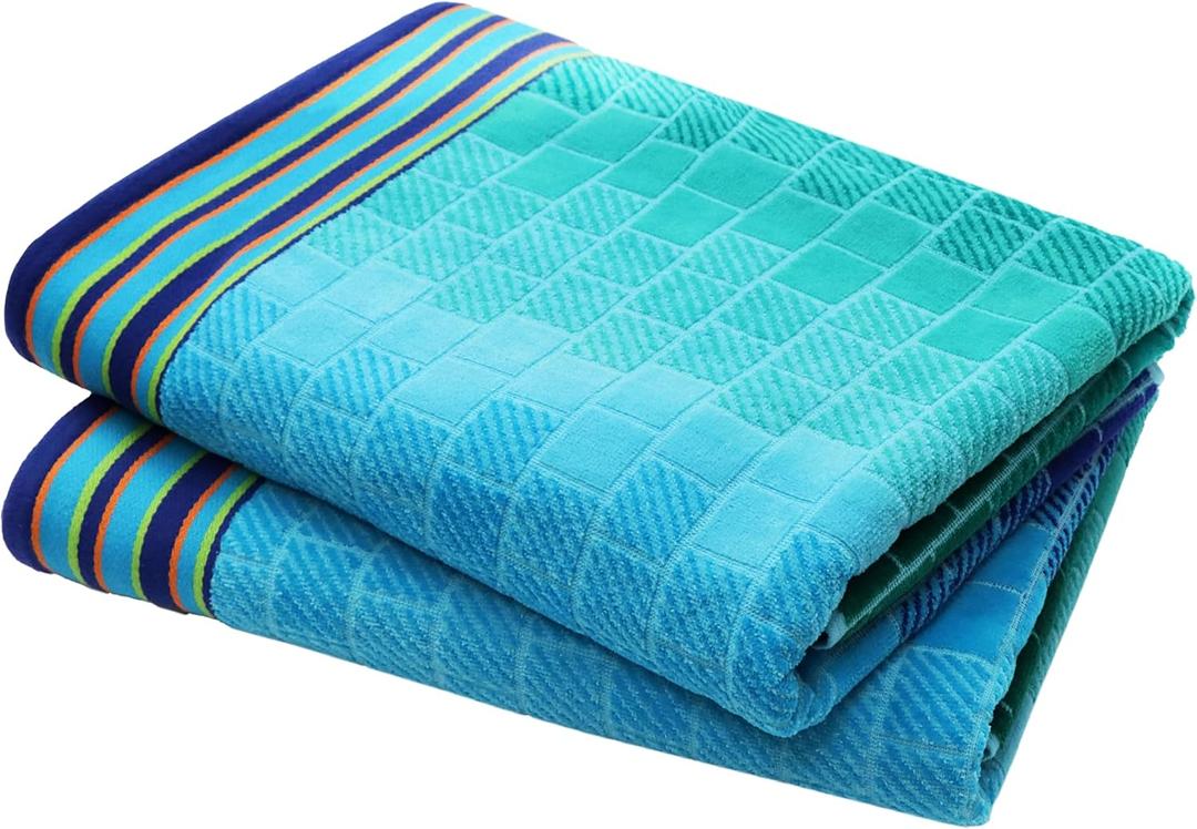 COTTON CRAFT Oversized Beach Towel - 2 Pack 35 x 70 Big & Huge Towel Set - 100% Cotton - Pool Picnic Bath Towel - Plush Terry Jacquard Velour 450 GSM Thick Super Soft Absorbent Luxury - Blue Tiles