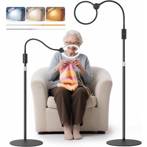 Floor Magnifying Glass with Light and Stand with Real Glass Lens, Magnifying Floor Lamp with Light Adjustable Height, 3 Color Modes, 360 Flexible Gooseneck Hands Free Magnifier for Close Work