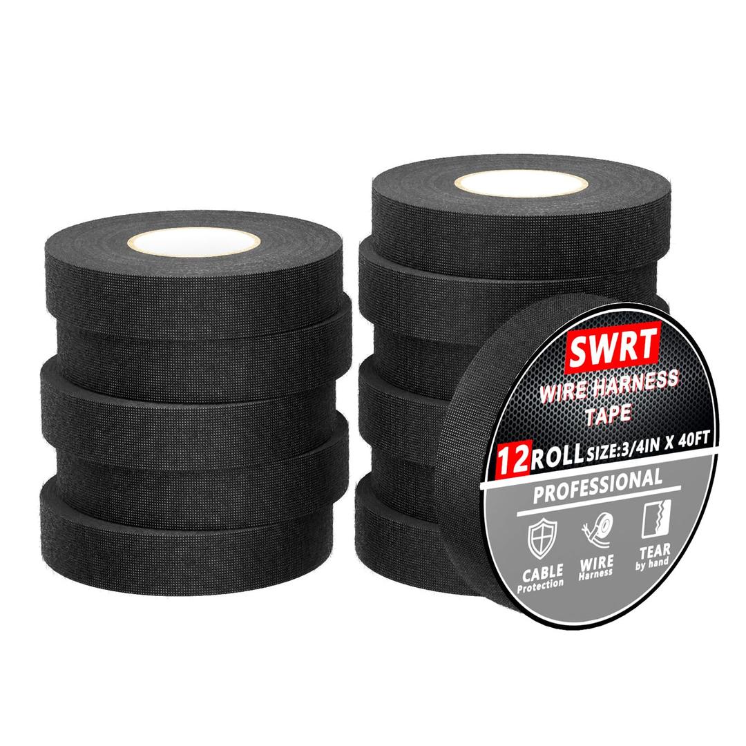 SWRT Wire Harness Tape, 3/4 Inch  50 Feet, 12 Packs (600 Feet Total), Self-Adhesive Black Cloth Electrical Tape for Automotive Use, High Temperature Resistance Felt Tape.