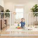 Baby Gates Extra Wide with Door 29.1-57.5 Inch Extra Wide Pressure Mounted Baby Dog Gate for Doorways Indoor Metal Gate No Drilling with Walk-Through Door,White