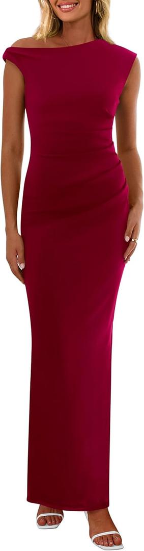 PRETTYGARDEN Women's 2026 Summer Formal Maxi Dresses Sleeveless One Shoulder Bodycon Ruched Mesh Wedding Guest Cocktail Dress (Red, XL)