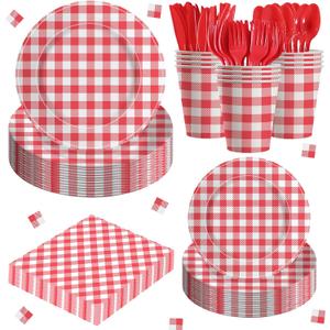 Gingham Party Supplies Set, 140 Pieces for 20 Guests, Red and White, Plates, Cups, Napkins, Cutlery (Red)
