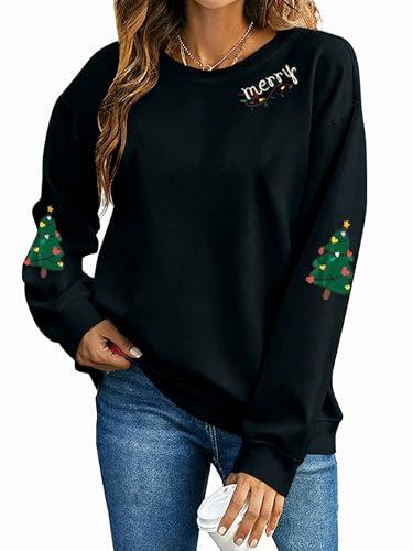 UNIQUEONE Christmas Sweatshirt Women Christmas Xmas Sweater Merry and Bright Long Sleeve Shirts Holiday Pullover Tops Black, Size M