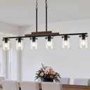 Dining Room Light Fixture Over Table, Farmhouse 6-Light Kitchen Island Lighting, Linear Black Chandelier with Clear Glass Shades, Modern Rustic Wood Pendant Kitchen Lights, with Adjustable Height