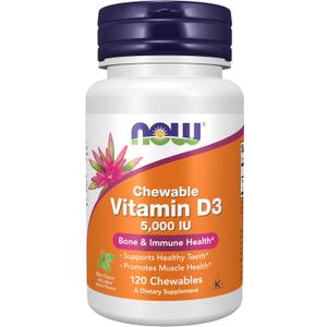 NOW Foods Supplements, Vitamin D-3 5,000 IU, Natural Mint Flavor, Structural Support*, 120 Chewables (BB-07/2028)