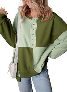 SHEWIN Womens Oversized Color Block Sweatshirts Casual Loose Button Henley Pullover Tops (Green, M)