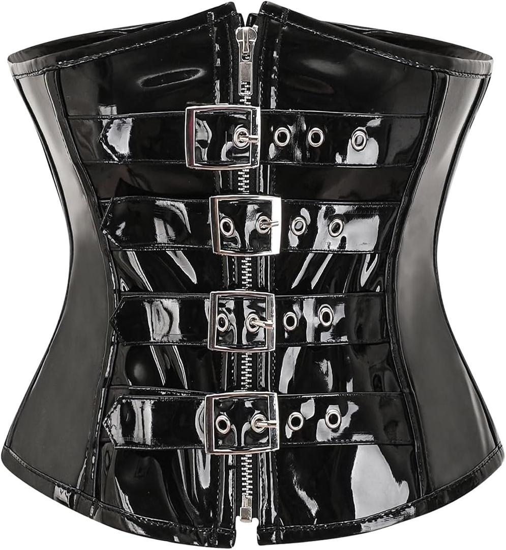 bslingerie Womens PVC Leather Underbust Waist Training Body Shaper Bustier Corset Top (Black, XXL)