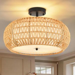 ZECOXOL Boho Flush Mount Ceiling Light Fixture 17.8", 3 Light Rattan Chandelier Light Fixture Woven Wicker Ceiling Light Fixtures Flush Mount for Hallway Bedroom Kitchen Entryway Living Room Island