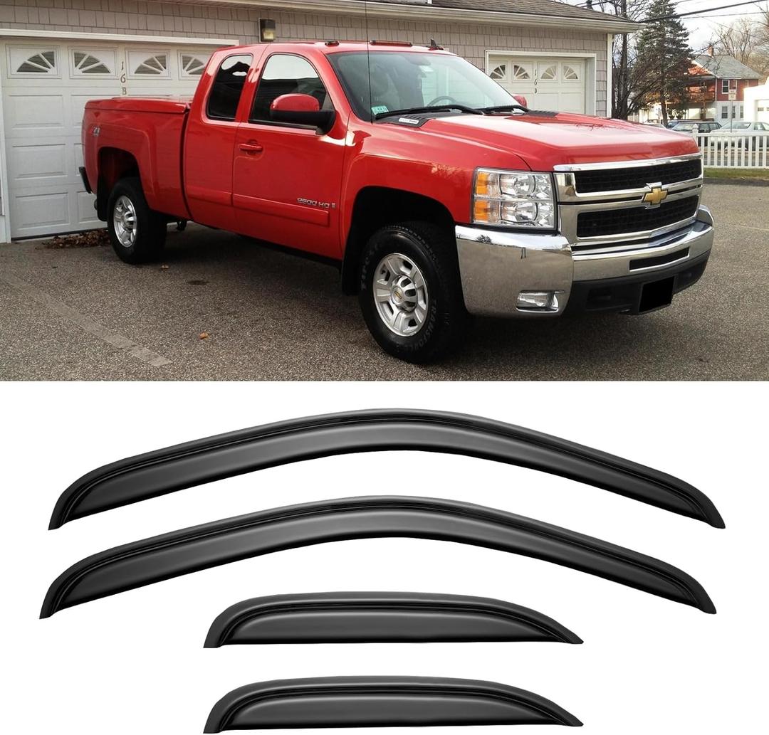 Window Rain Guards for 2007-2013 Chevy Silverado & GMC Sierra 1500, Out-Channel Window Vent Visors Shades Wind Deflectors for 07-14 Silverado & Sierra 2500HD/3500HD Extended Cab