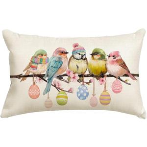 2 x RABUSOFA Easter Pillow Covers 12x20 inch Easter Decorations for Home Pink Birds Colorful Eggs Lumbar Throw Pillows for Bedroom Sofa Holiday Festivals Decor