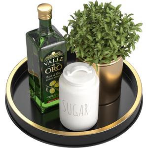 HGF Round Tray for Kitchen Countertop Decor, 10 Inch Lightweight Metal Iron Trays for Napkin Holder Condiment Spice Organizer, Decorative Tray for Coffee Table Dinner Table Decor, Black Brushed Gold