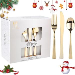 WDF 180 Pieces Disposable Plastic Gold Silverware Cutlery - Disposable Flatware Set 60 Forks, 60 Knives and 60 Spoons - Heavy Duty Gold Plastic Cutlery - Utensils for Wedding, Thanksgiving, Christmas