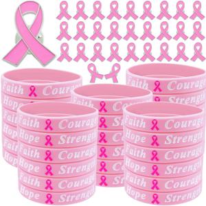 100 Pcs Breast Cancer Awareness Bulk Items Accessories Accessories 50 Breast Cancer Awareness Bracelets 50 Awareness Pins Pink Ribbon Wristbands Fundraiser Breast Cancer Party Favor for Women Men