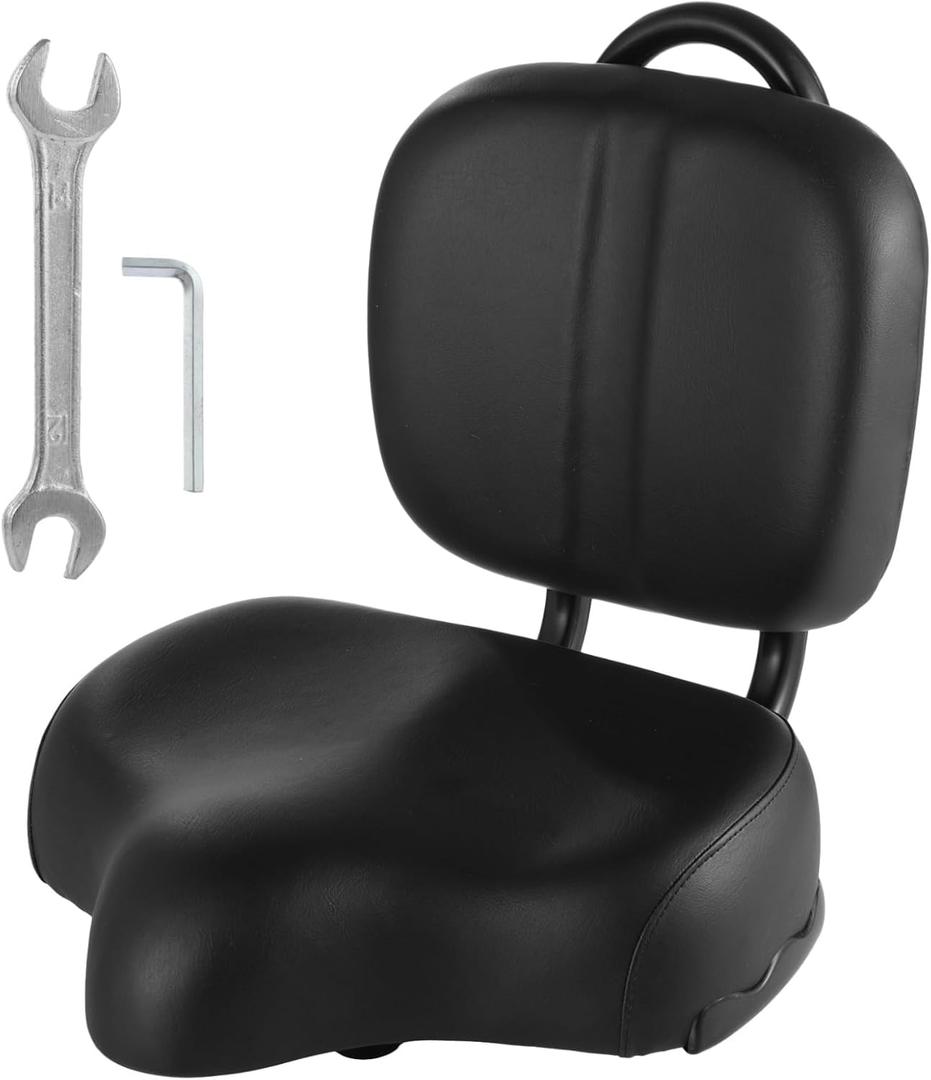 Bike Seat with Backrest, Extra Wide Bicycle Seat with Back Support, Extra-Large Bicycle Seat with Padded PU Cushion Saddle Fit for Tricycle Mountain E-Bike, Includes Installation Tools (Black)